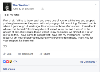 Illustration for article titled A Career Cut Short: The Weeknd Is Retiring From Music After Losing His Microphone